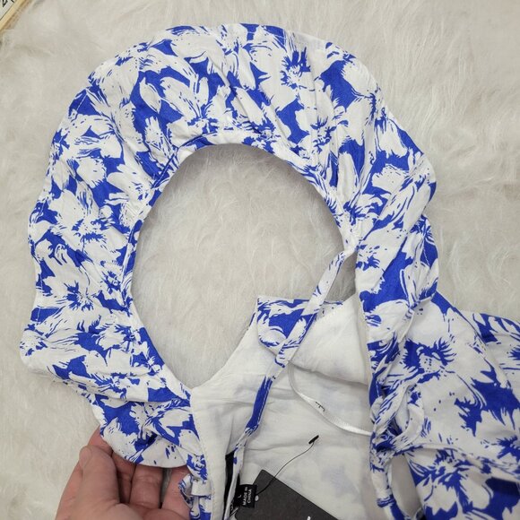 Lulu's Ring in Spring Blue White Floral Print Flutter Sleeve Mini Dress Large - Picture 13 of 14
